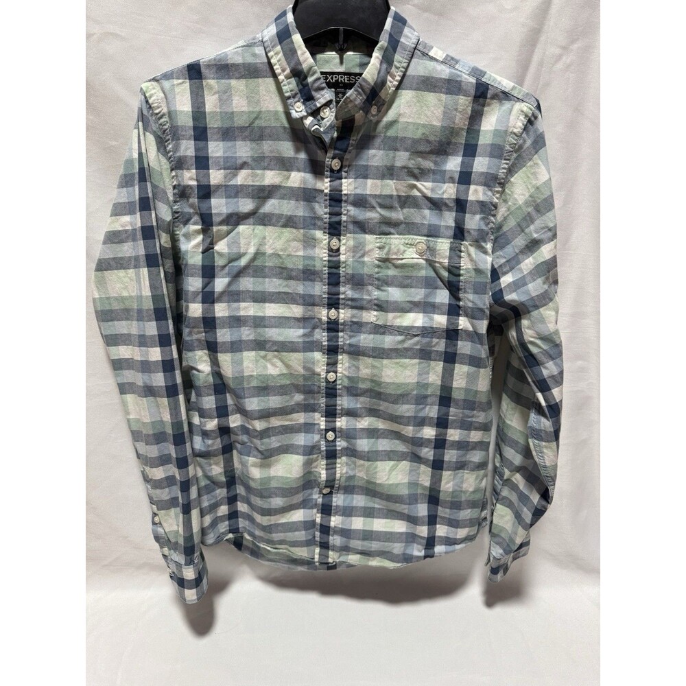 Express Men's Blue&Gray Plaid Long-Sleeve Button-Down Cotton Shirt Size M